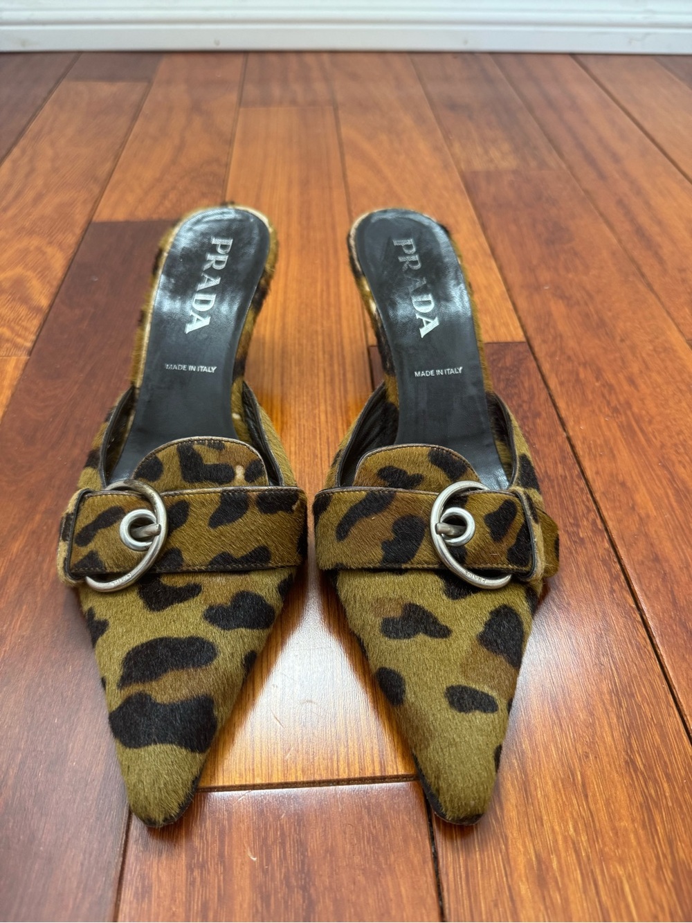 Prada Leopard-Print Pointed Toe Mule with Silver Buckle